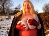 English Mature Showing Her Huge Saggy Boobs Outside In Public
